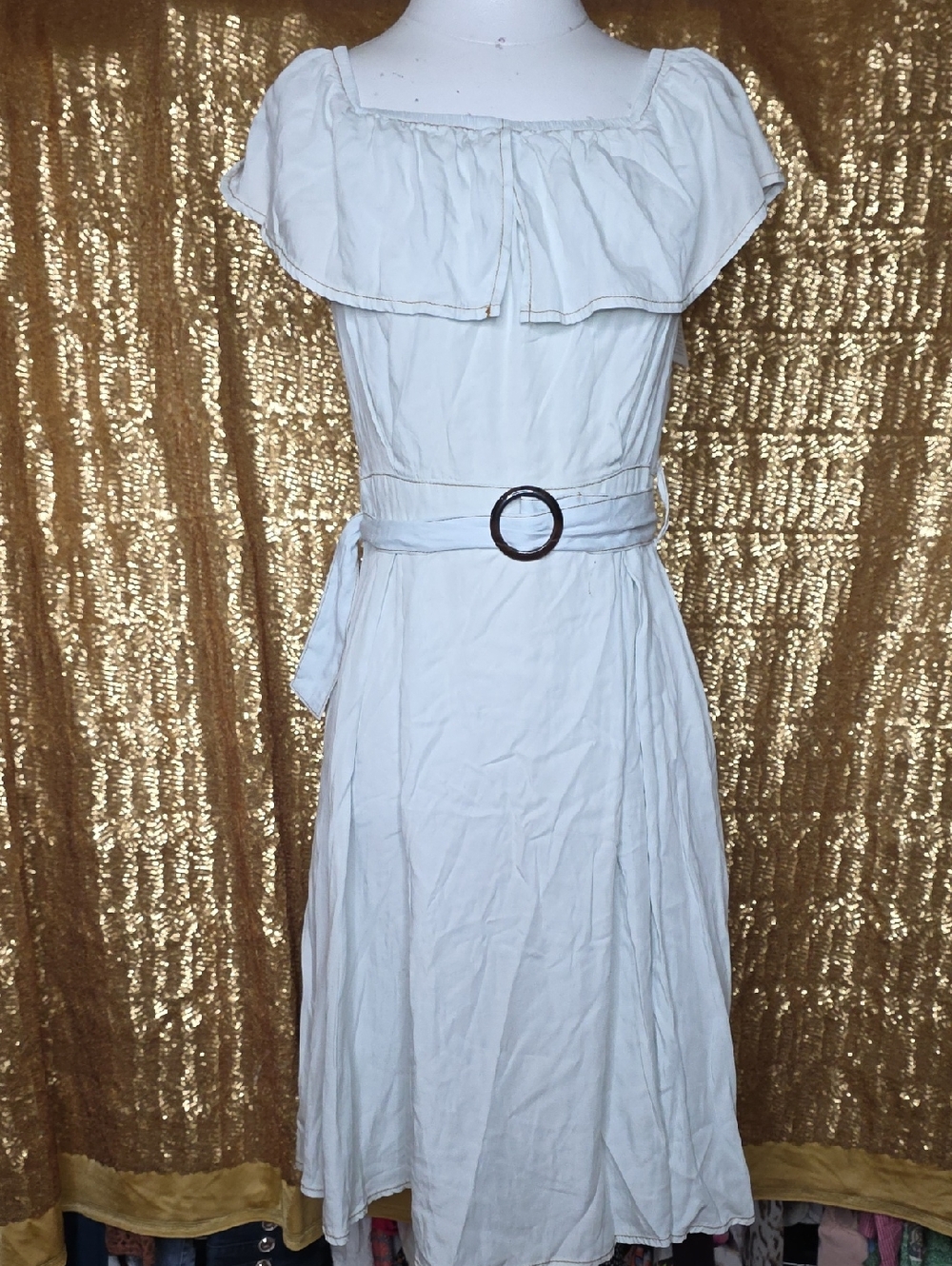 Classic Cream Ruffle-Detail Midi Dress with Self-Tie Belt